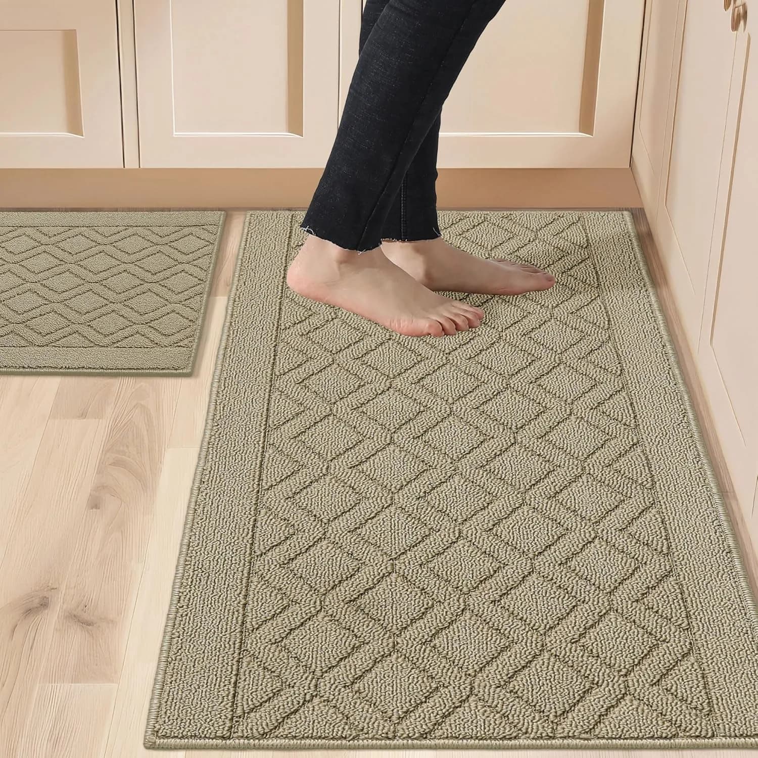 COSY HOMEER Kitchen Rug Mats 48x20/30x20 Inch Beige | Non-Slip Washable Floor Cover