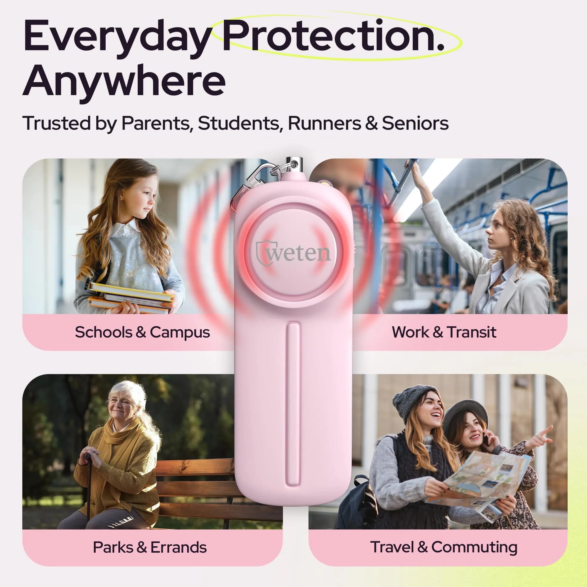WETEN Personal Safety Alarm Keychain for Women, 130dB Siren, LED Light, Pink | Loud Siren & LED for Instant Alert - view 6