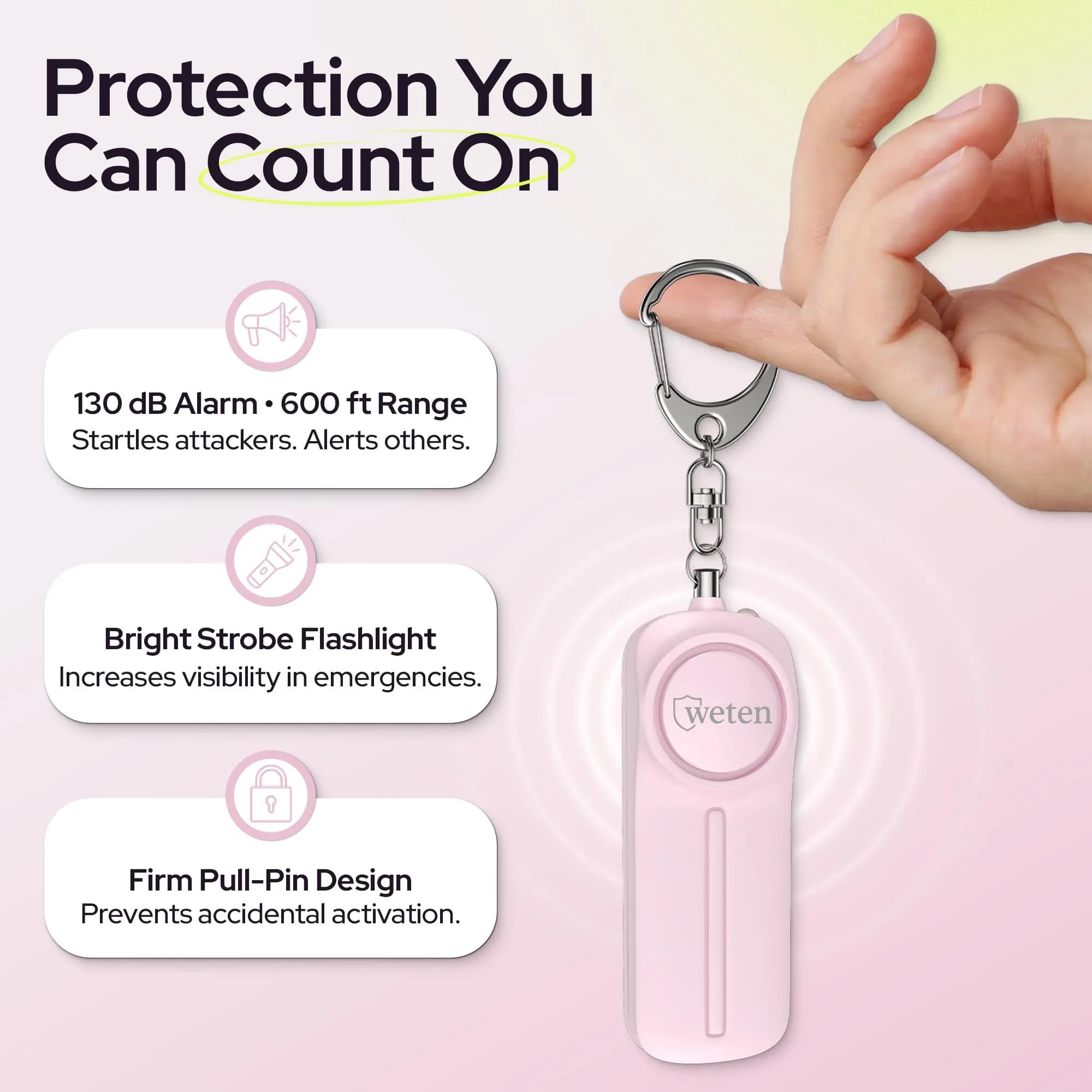 WETEN Personal Safety Alarm Keychain for Women, 130dB Siren, LED Light, Pink | Loud Siren & LED for Instant Alert - view 2
