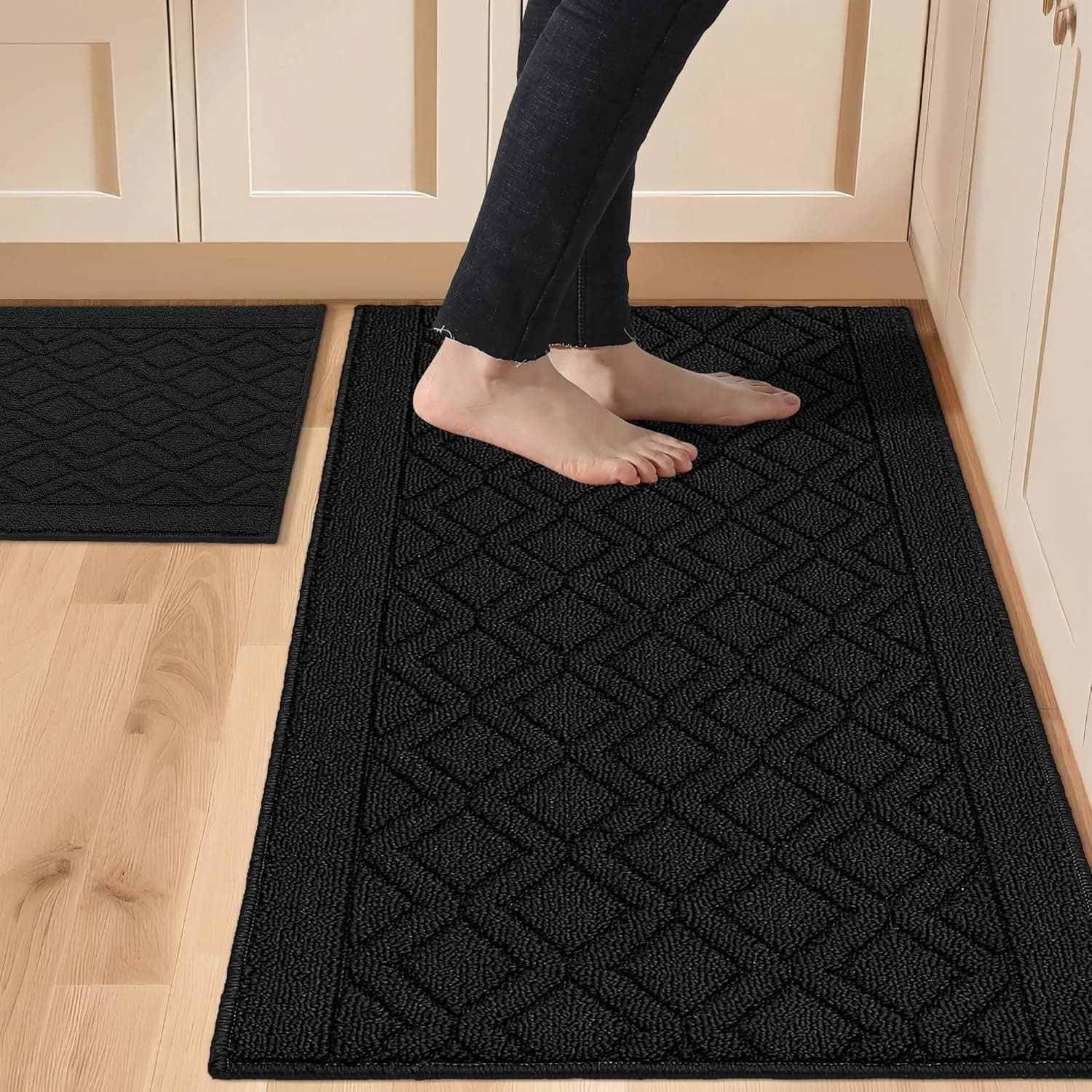 COSY HOMEER 48x20Inch/30x20Inch Kitchen Rug Mats,Black | Durable, Washable & Anti-Slip for Indian Kitchens
