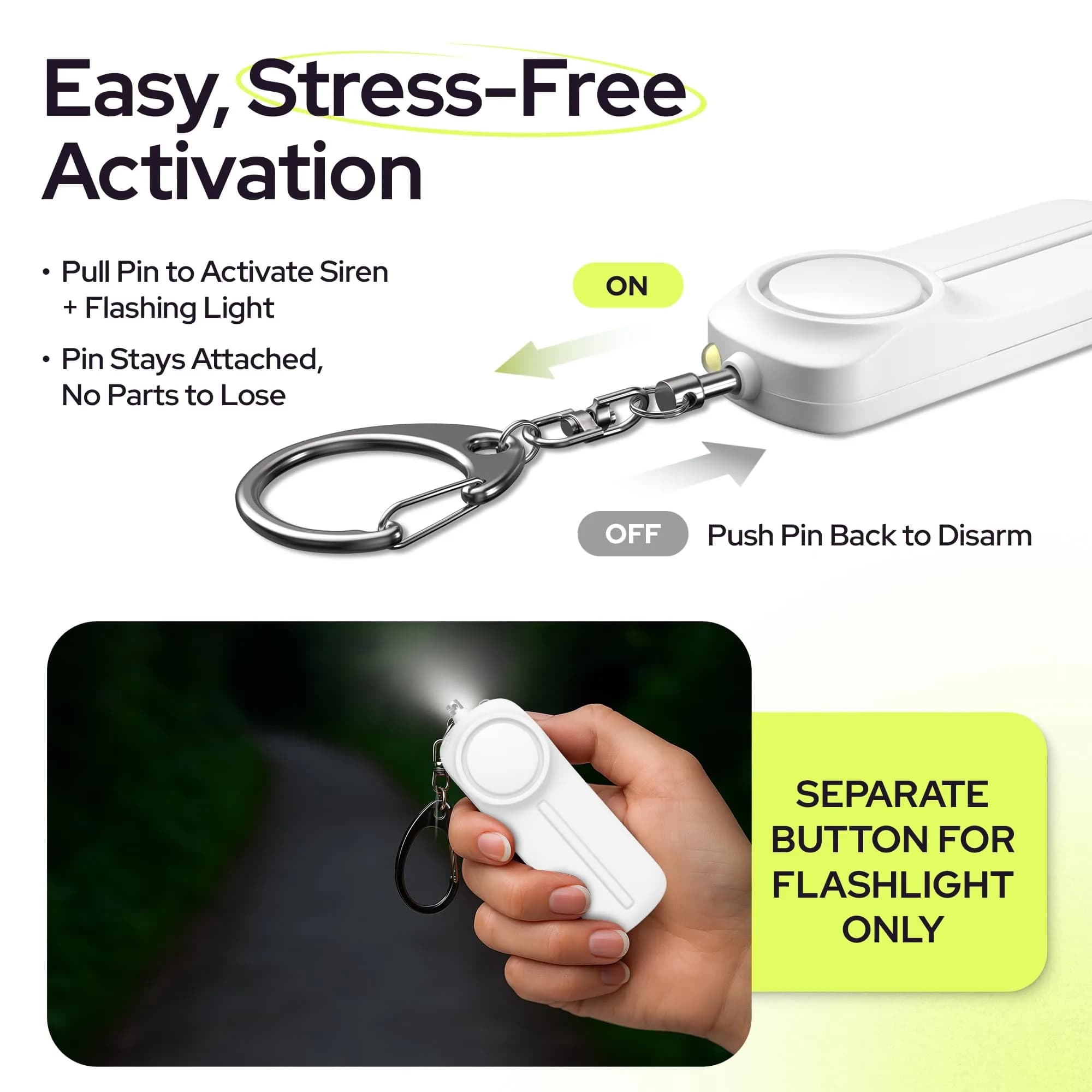 WETEN Personal Safety Alarm Keychain - D - White | 130dB Siren & LED Light - view 3