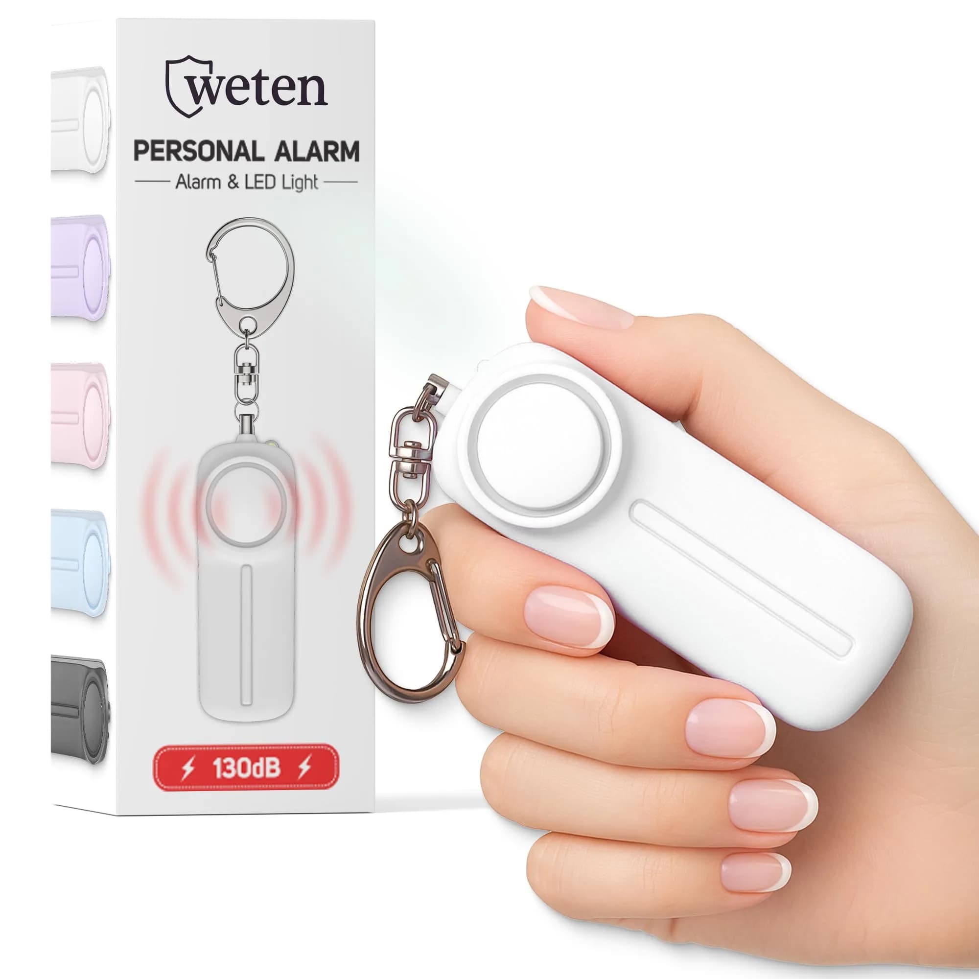 WETEN Personal Safety Alarm Keychain for Women - 130dB Loud Siren & LED Light | Black — D - White