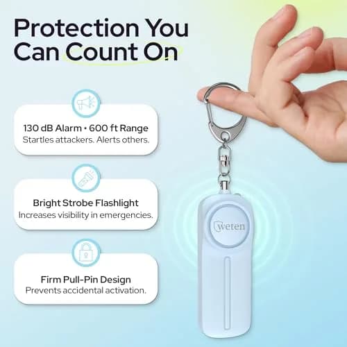 WETEN Personal Safety Alarm Keychain for Women, 130dB Siren & LED Light, Blue (2 AAA Batteries Required) thumbnail 2