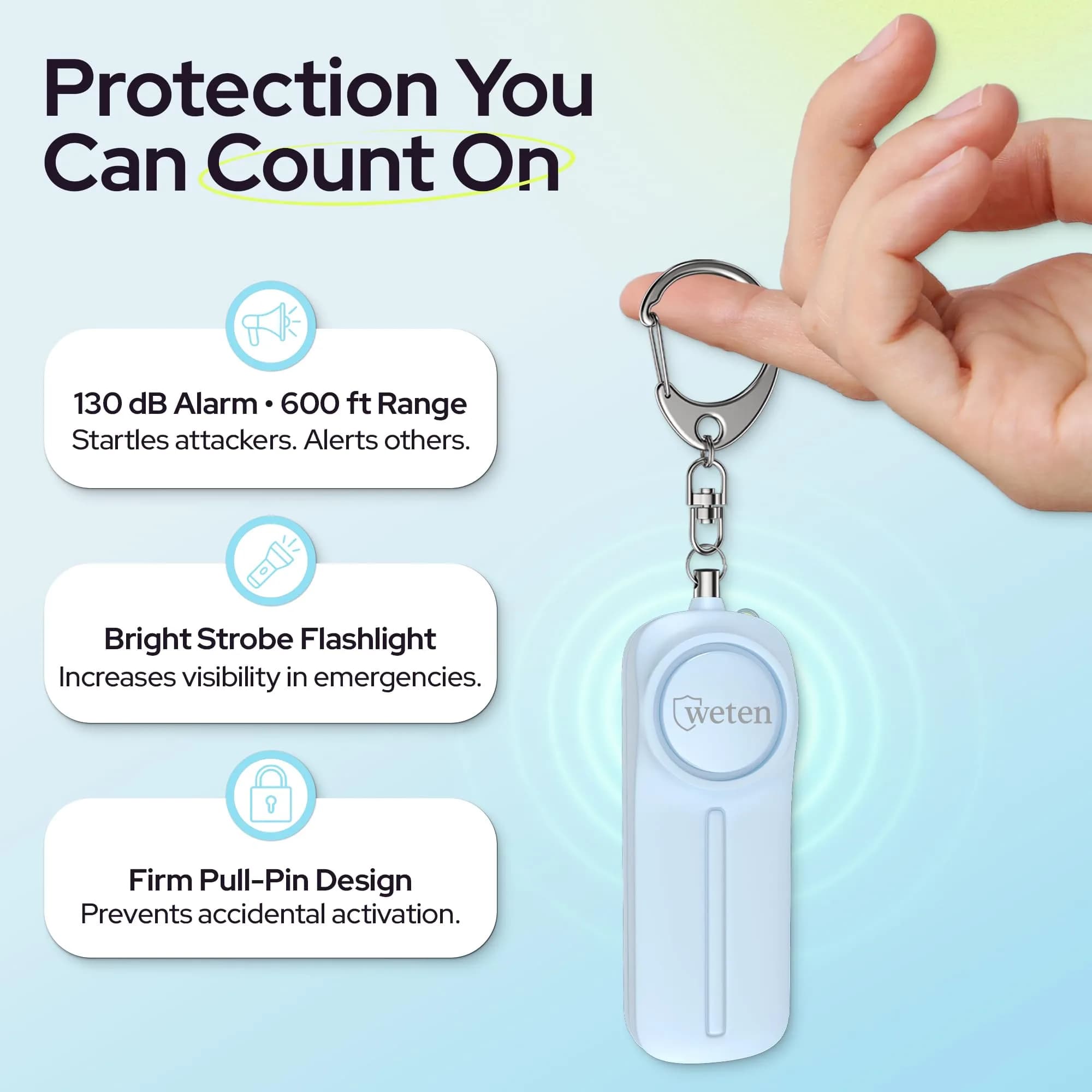 WETEN Personal Safety Alarm Keychain for Women, 130dB Siren & LED Light, Blue (2 AAA Batteries Required) - view 2