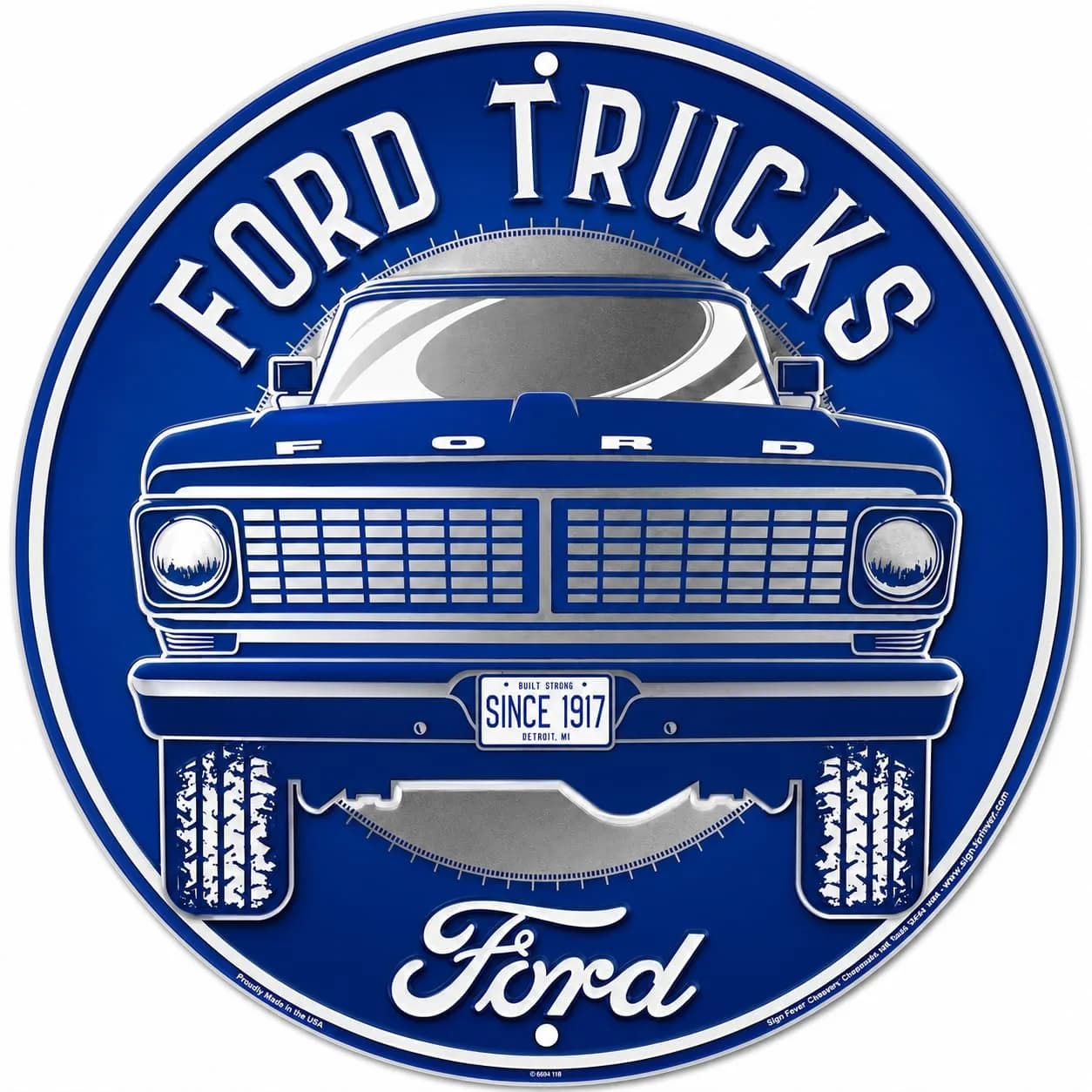 Hangtime Vintage Metal Sign, Ford Truck Classic Old F-Series, 12 Inch Round Wall Art, Silver/Gray
