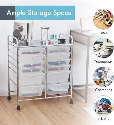 HAPPYGRILL 12-Drawer Storage Cart 25in x 15in x 29.5in | Durable Steel & Plastic thumbnail 3