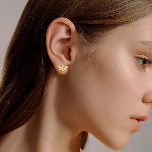 EleQueen 925 Sterling Silver CZ Tiny Bumblebee Stud Earrings | Gold Tone Jewelry Gift for Women thumbnail 2
