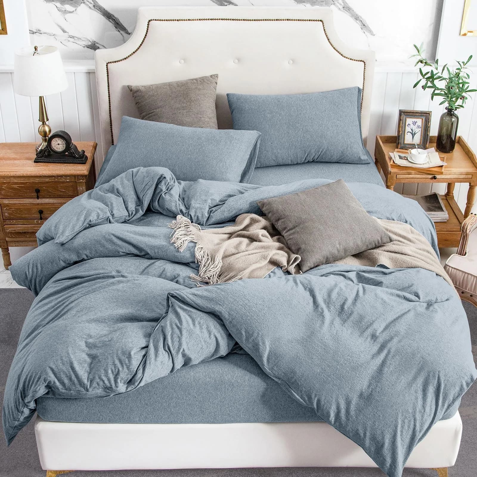 PURE ERA Jersey Knit Duvet Cover Set Solid Olive Green King | Ultra Soft Cotton, All Seasons — Heather Blueish Grey(no Comforter) / King