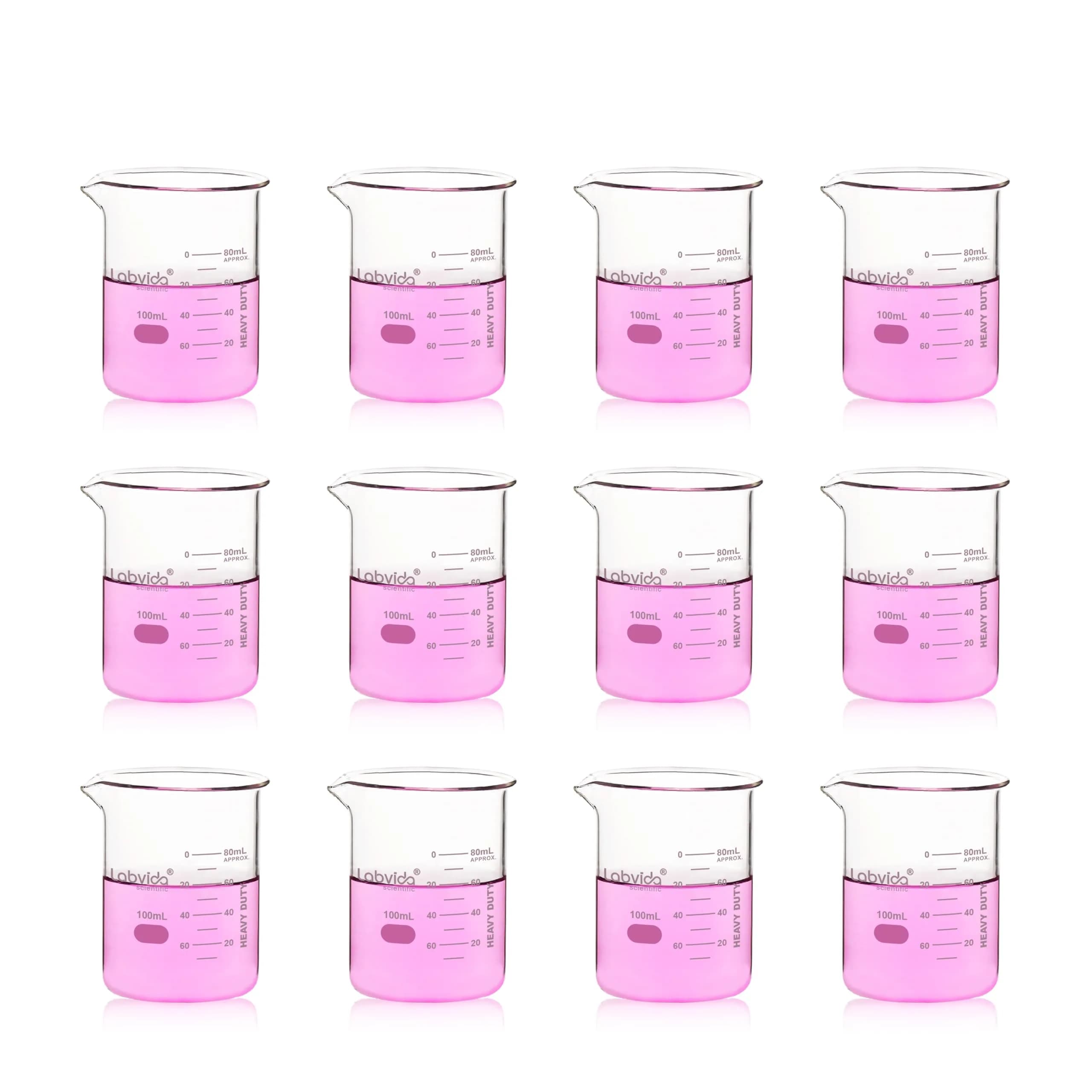 Labvida 12pcs 100ml Thick Glass Beakers | ASTM E960 Compliant, Low Form, Double Scale — 12pcs of Vol.100ml