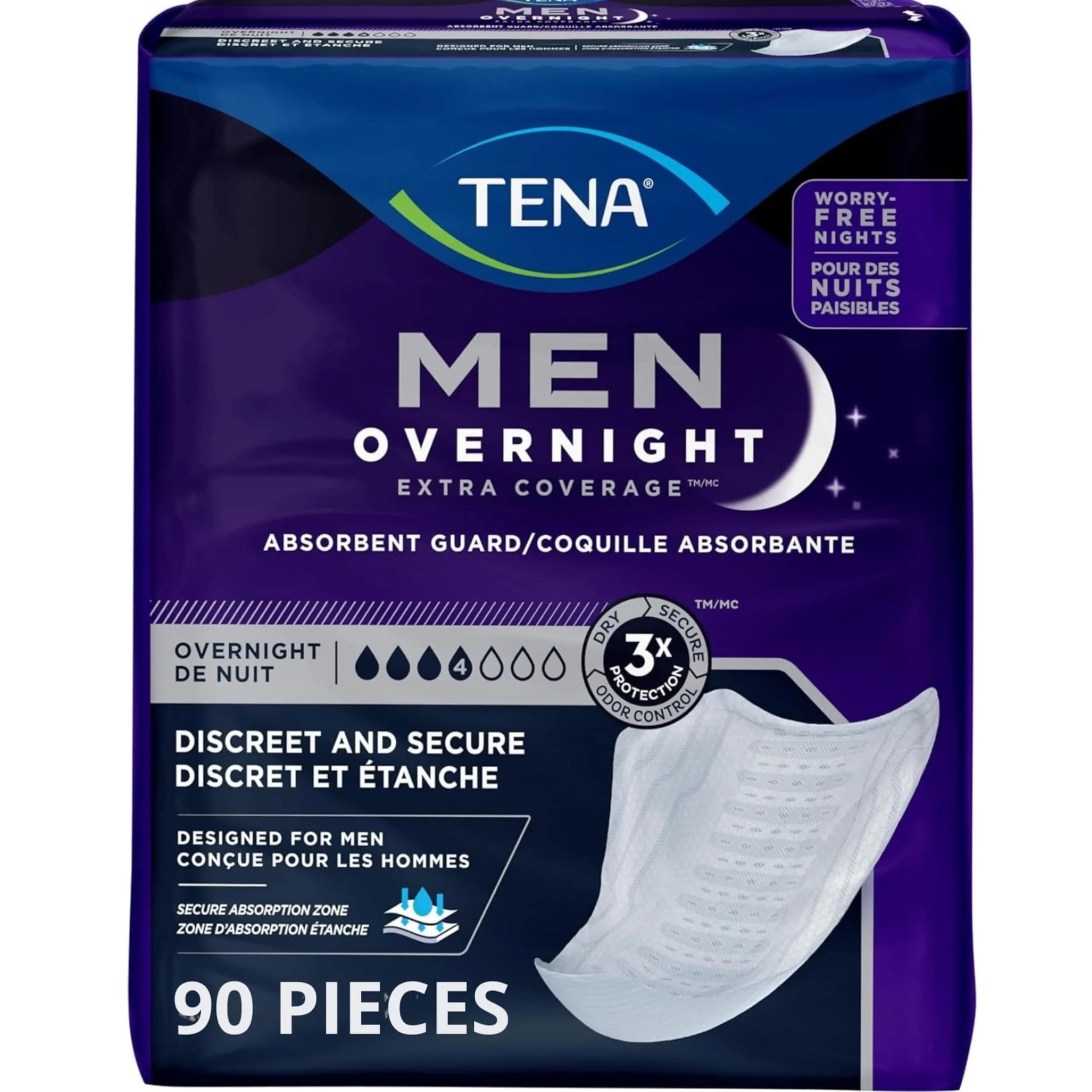 TENA Men Incontinence Guards, Overnight Absorbency & Odor Control | Discreet, Secure Fit for Men — One Size