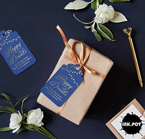 Inkdotpot Real Gold Foil Happy Diwali Tags Favor Hang Paper Tags 100 Pieces | Blue Base, Gold Text thumbnail 4