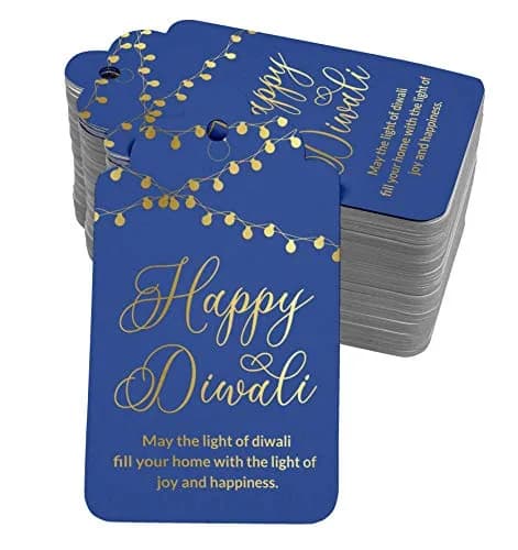 Inkdotpot Real Gold Foil Happy Diwali Tags Favor Hang Paper Tags 100 Pieces | Blue Base, Gold Text thumbnail 1