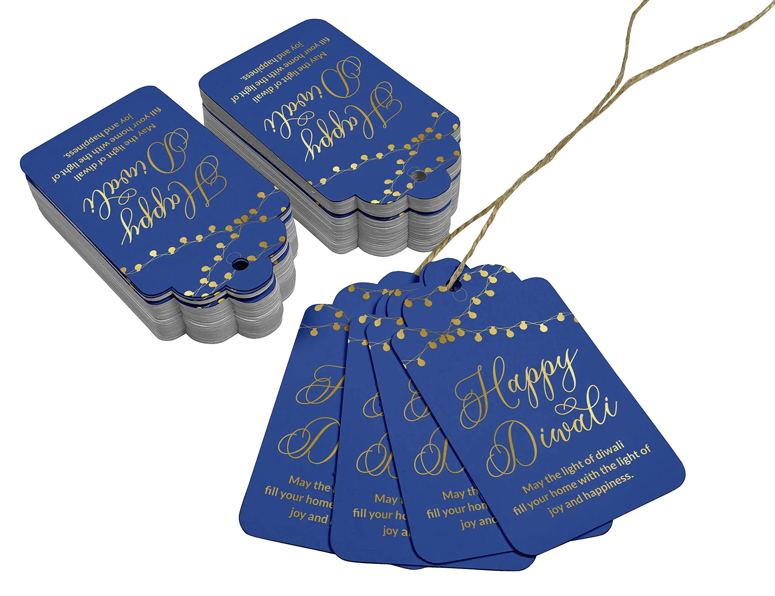 Inkdotpot Real Gold Foil Happy Diwali Tags Favor Hang Paper Tags 100 Pieces | Blue Base, Gold Text - view 3