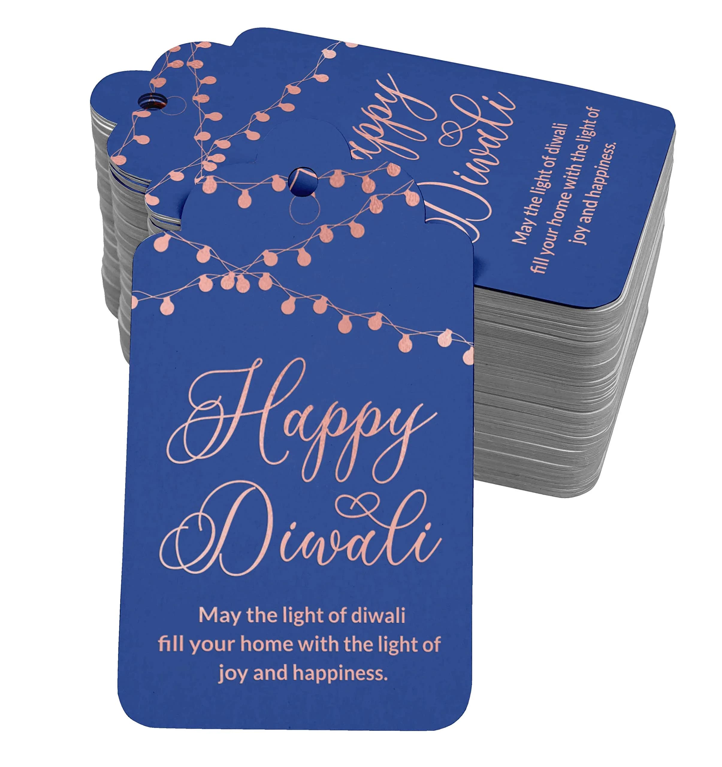Inkdotpot Happy Diwali Favor Tags Rose Gold Foil Blue Base 100 Pack | 4.6 x 8.14 cm (1.82 x 3.3 in) - main product image