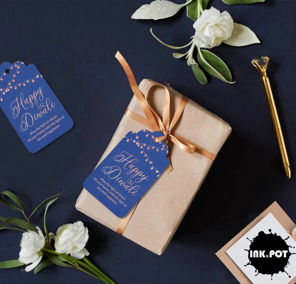 Inkdotpot Happy Diwali Favor Tags Rose Gold Foil Blue Base 100 Pack | 4.6 x 8.14 cm (1.82 x 3.3 in) - view 4