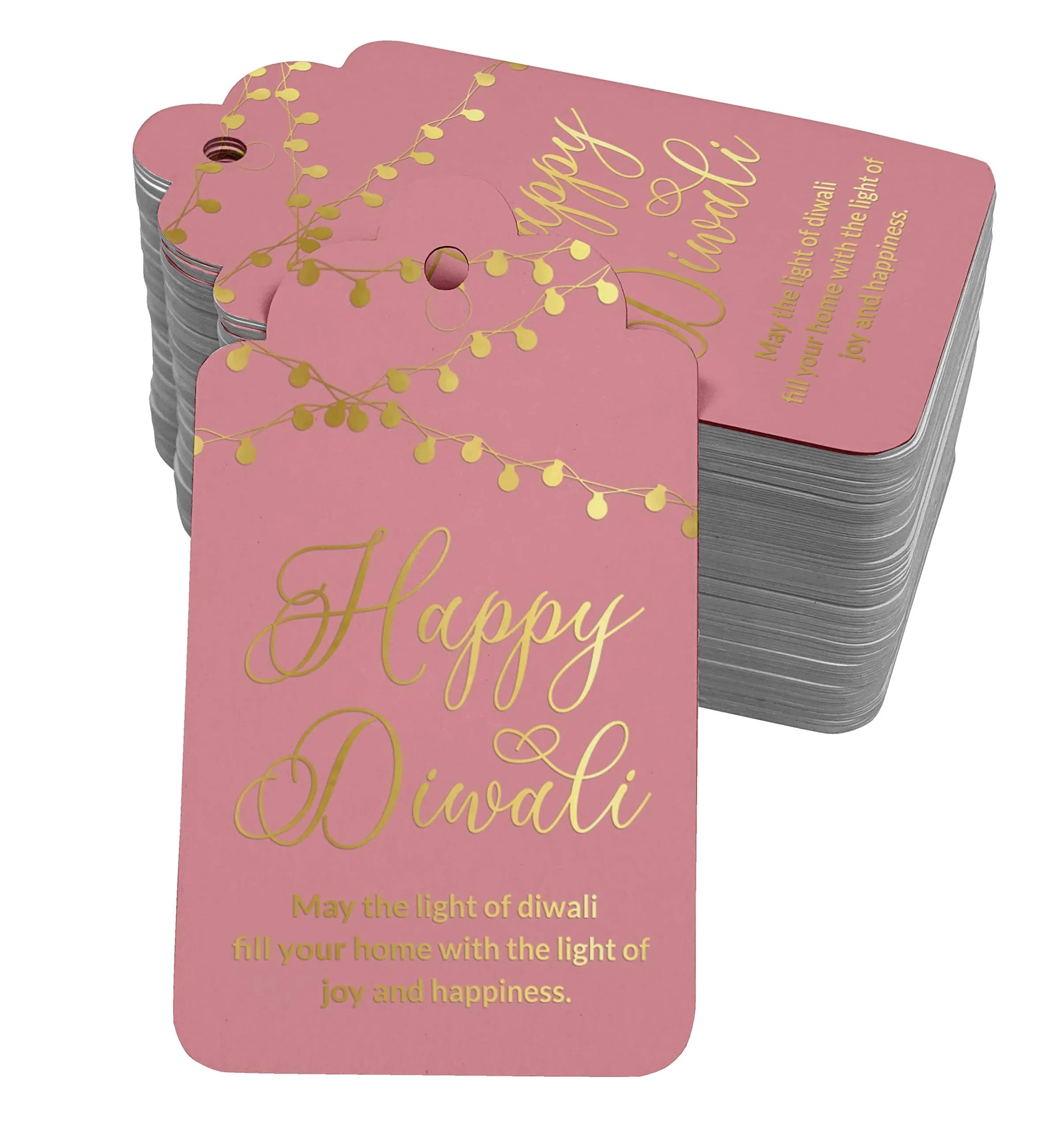 Inkdotpot Real Gold Foil Paper Tags Happy Diwali Favor Hang Tags (100 Tags, Rose Pink Base) - main product image