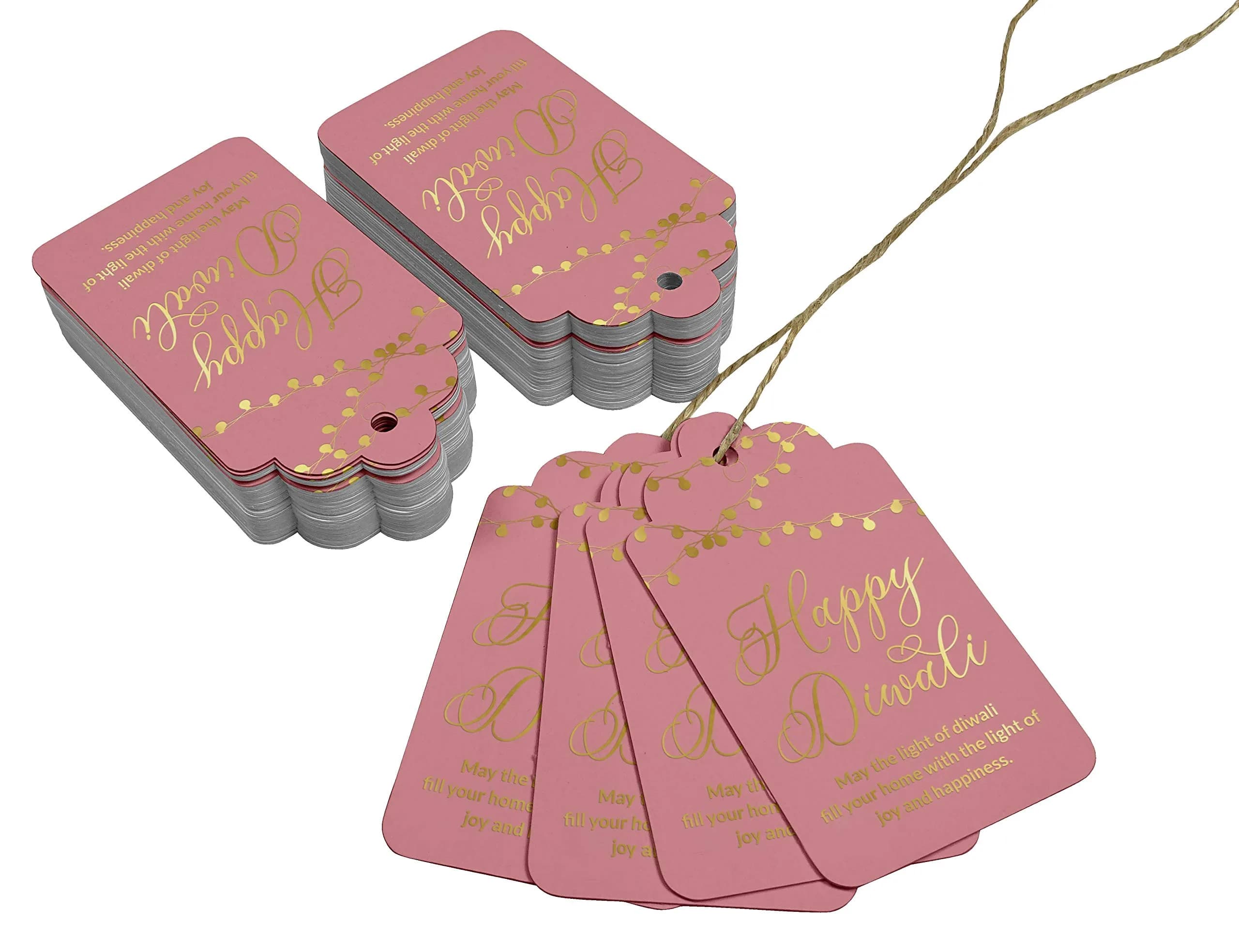 Inkdotpot Real Gold Foil Paper Tags Happy Diwali Favor Hang Tags (100 Tags, Rose Pink Base) - view 3