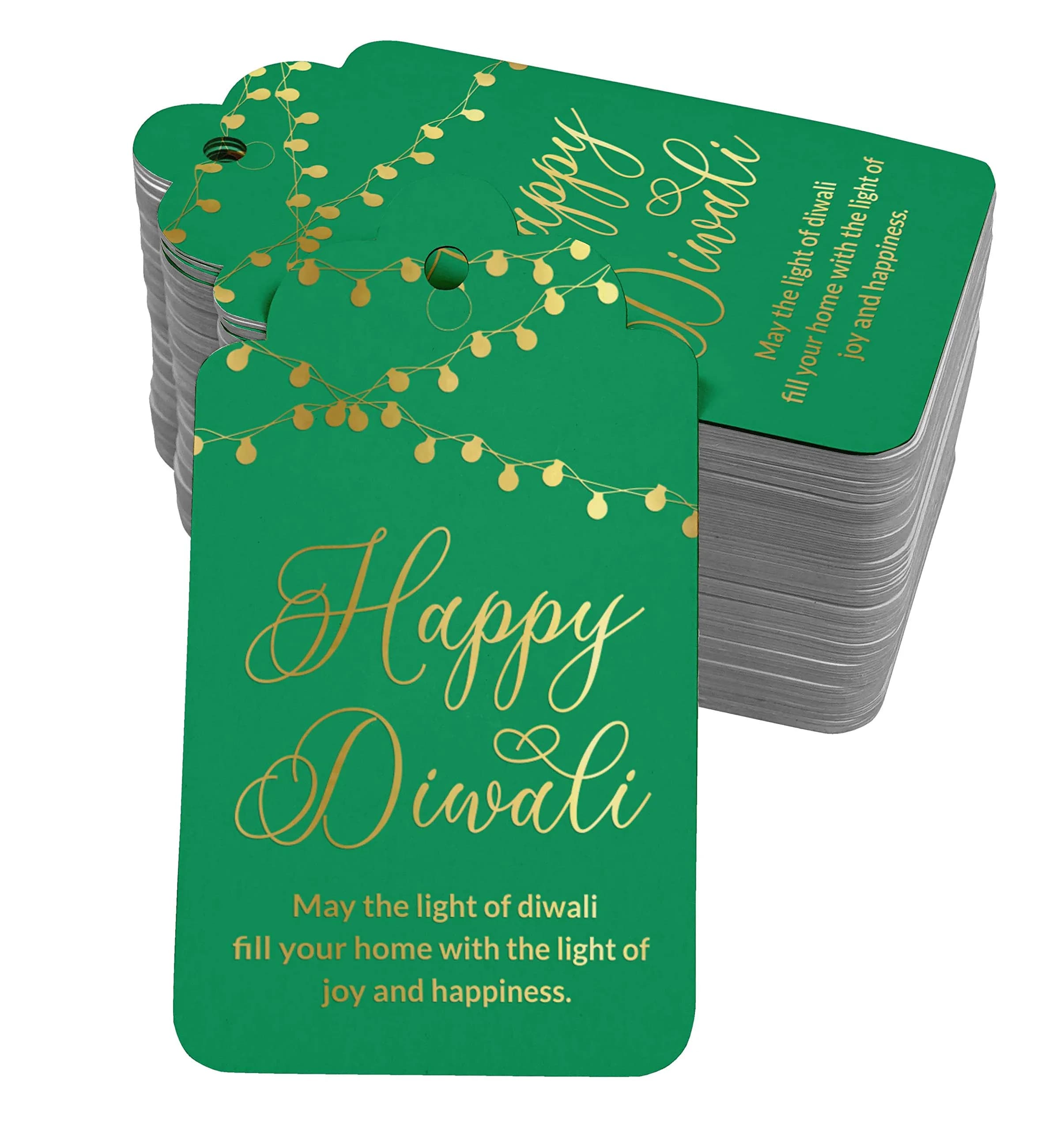 Inkdotpot Real Gold Foil Happy Diwali Tags 100 Pieces | Green Base, Gold Foil Text - main product image
