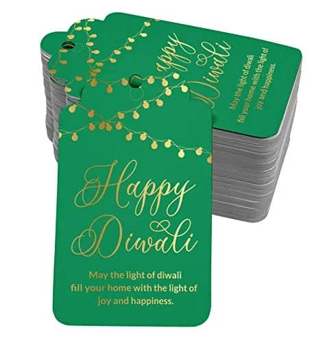 Inkdotpot Real Gold Foil Happy Diwali Tags 100 Pieces | Green Base, Gold Foil Text thumbnail 1
