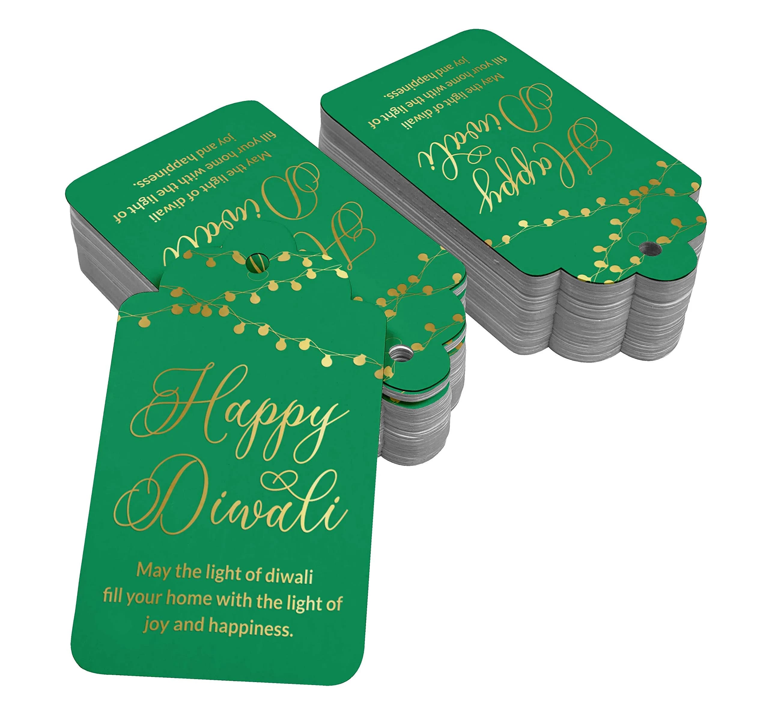 Inkdotpot Real Gold Foil Happy Diwali Tags 100 Pieces | Green Base, Gold Foil Text - view 2
