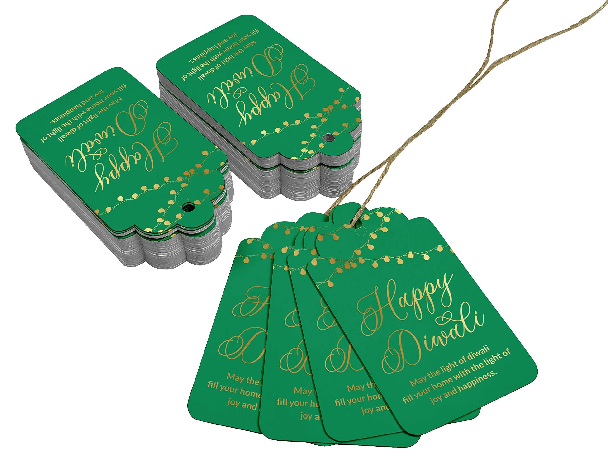Inkdotpot Real Gold Foil Happy Diwali Tags 100 Pieces | Green Base, Gold Foil Text - view 3