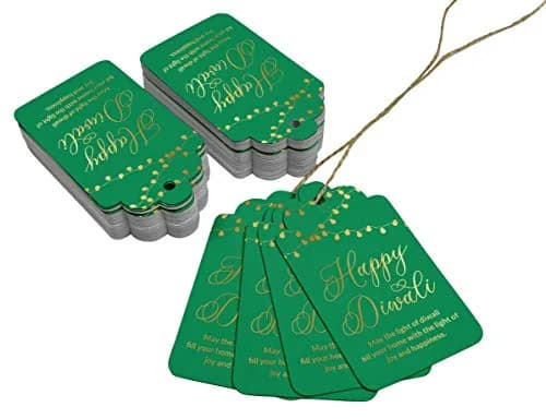 Inkdotpot Real Gold Foil Happy Diwali Tags 100 Pieces | Green Base, Gold Foil Text thumbnail 3