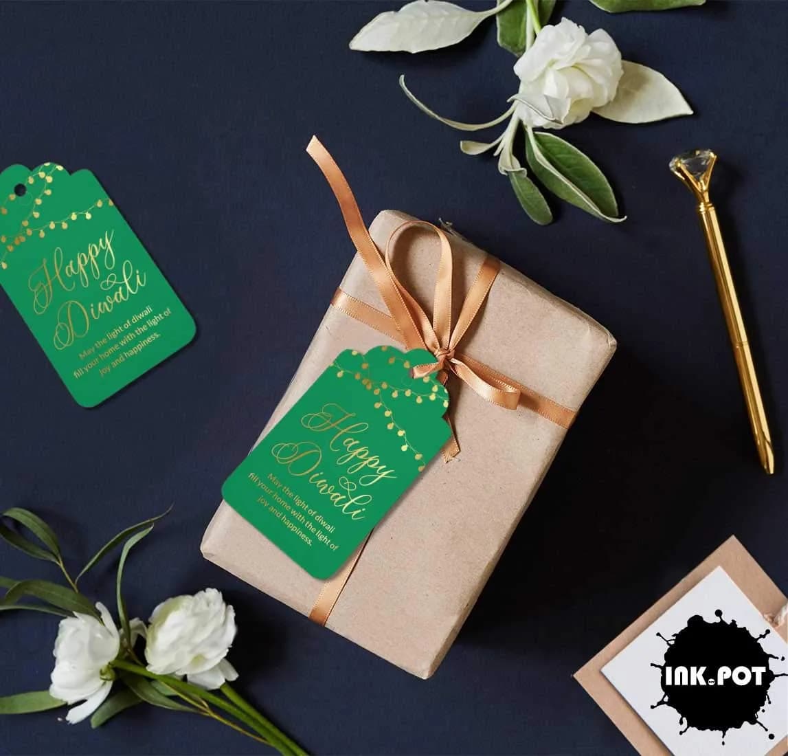 Inkdotpot Real Gold Foil Happy Diwali Tags 100 Pieces | Green Base, Gold Foil Text - view 4