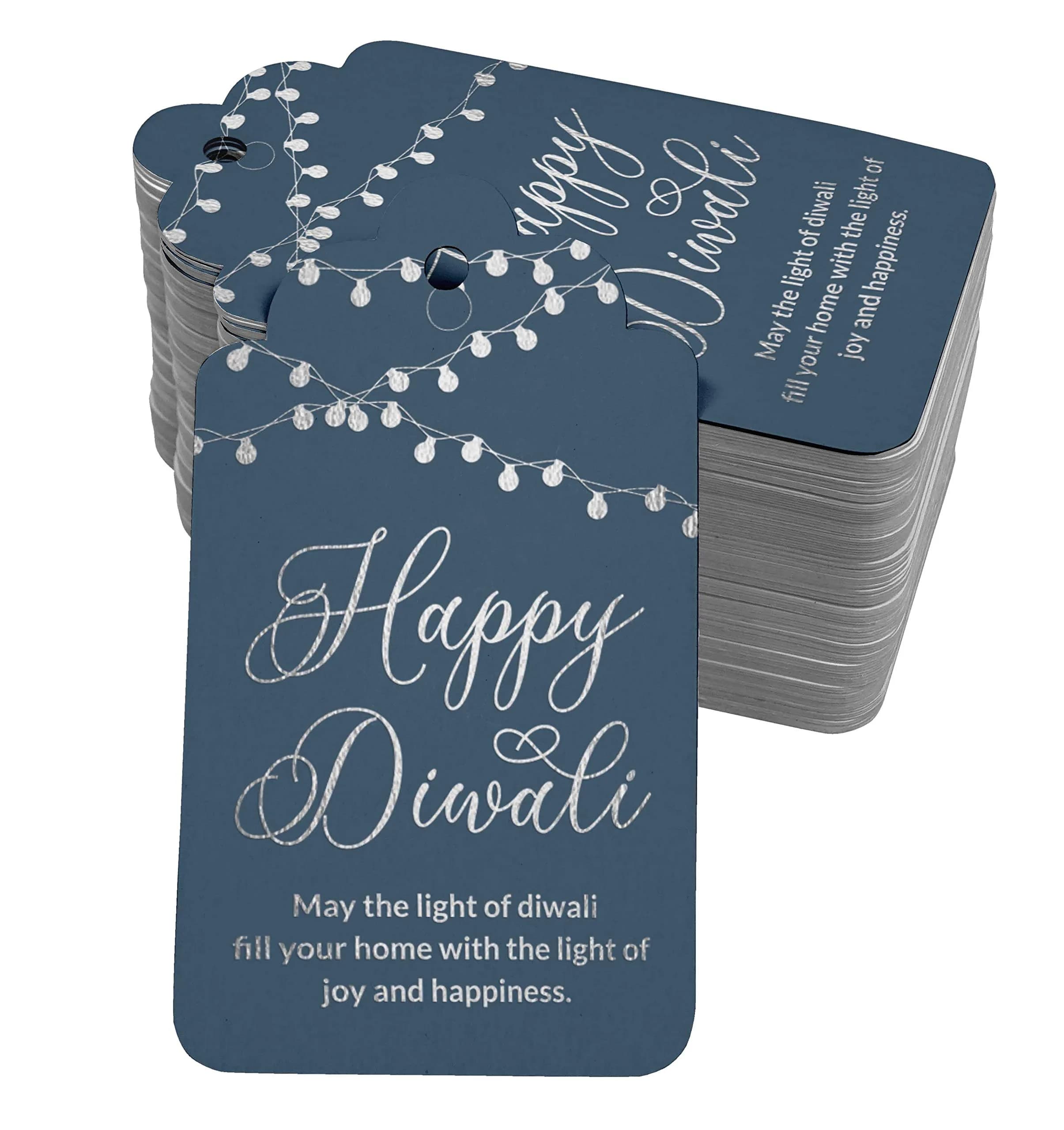 Inkdotpot Happy Diwali Favor Paper Tags 4.6 x 8.14 Cm (100 Pack, Dark Teal Blue) | Real Silver Foil