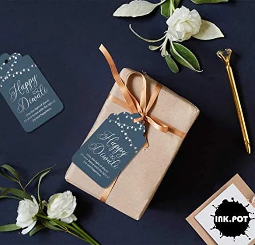 Inkdotpot Happy Diwali Favor Paper Tags 4.6 x 8.14 Cm (100 Pack, Dark Teal Blue) | Real Silver Foil thumbnail 4