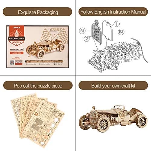 ROKR 3D Wooden Puzzle Car Model Kit - Advanced Brain Teaser for Adults, 220 pcs, 18.9cm x 8cm | Unique Gift thumbnail 4
