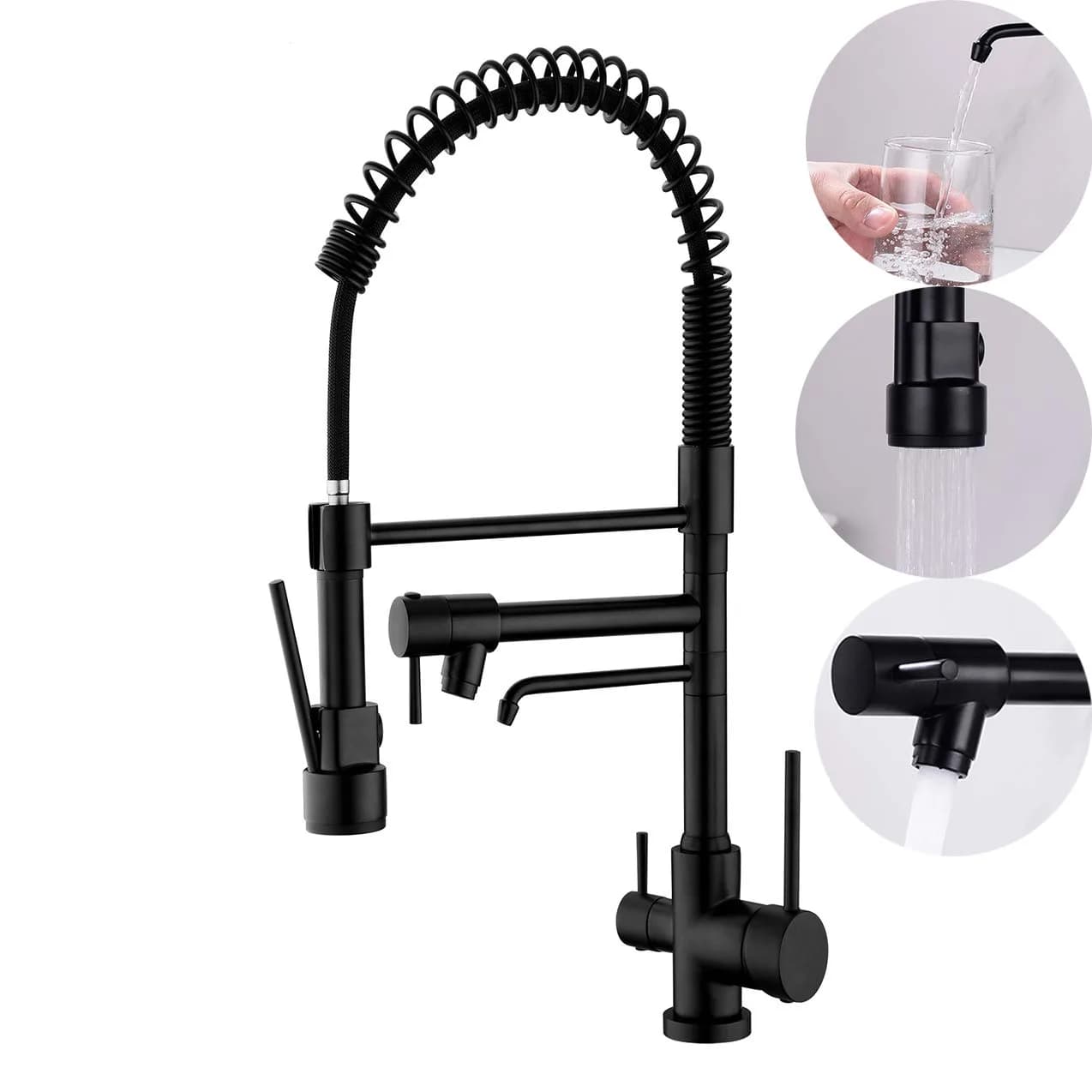 Delle Rosa Kitchen Faucet,3 Way Drinking Water Faucet, Modern Kitchen Faucet with Pull Down Sprayer, Dual Handles Kitchen Sink Faucets,3 in 1 High Arc Water Filter Purifier Faucets Matte Black | 17.9" High-Arch Gooseneck, 360° Swivel — Matte Black