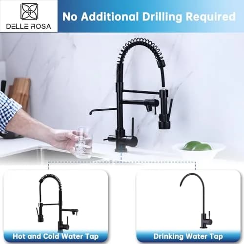Delle Rosa Kitchen Faucet,3 Way Drinking Water Faucet, Modern Kitchen Faucet with Pull Down Sprayer, Dual Handles Kitchen Sink Faucets,3 in 1 High Arc Water Filter Purifier Faucets Matte Black | 17.9" High-Arch Gooseneck, 360° Swivel thumbnail 4