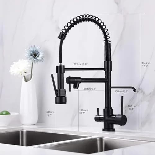 Delle Rosa Kitchen Faucet,3 Way Drinking Water Faucet, Modern Kitchen Faucet with Pull Down Sprayer, Dual Handles Kitchen Sink Faucets,3 in 1 High Arc Water Filter Purifier Faucets Matte Black | 17.9" High-Arch Gooseneck, 360° Swivel thumbnail 5