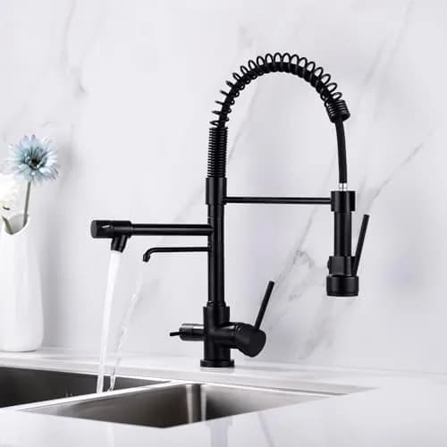 Delle Rosa Kitchen Faucet,3 Way Drinking Water Faucet, Modern Kitchen Faucet with Pull Down Sprayer, Dual Handles Kitchen Sink Faucets,3 in 1 High Arc Water Filter Purifier Faucets Matte Black | 17.9" High-Arch Gooseneck, 360° Swivel thumbnail 2