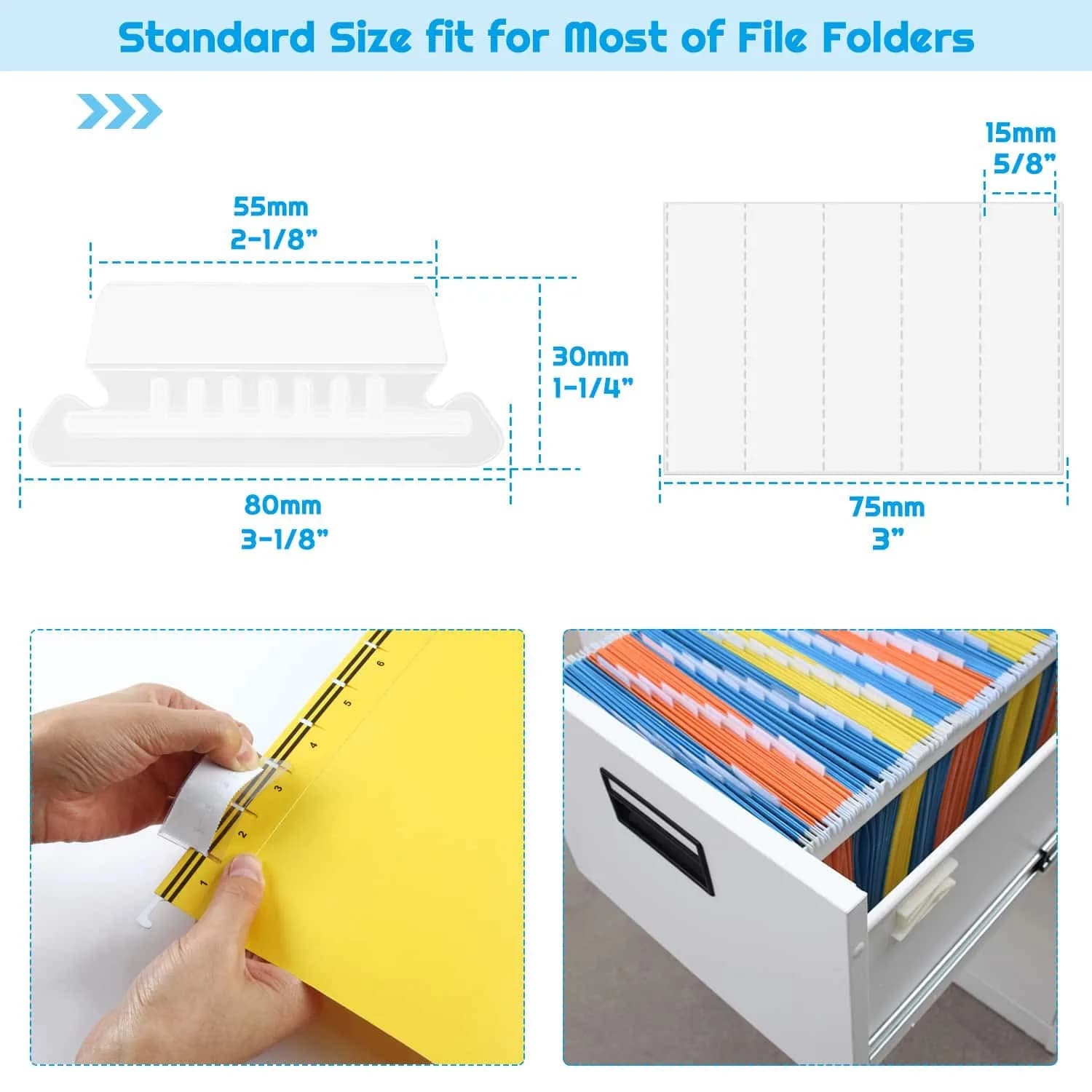 PAXCOO Clear Hanging File Folder Tabs - 50 Sets, 2-inch Wide Plastic & Paper - view 3