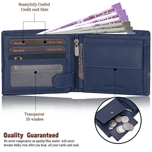 HORNBULL Denial Leather Wallet for Men | Men's RFID Blocking Two Fold Wallet Navy 11.4cm x 9.4cm x 2.9cm | Genuine Leather Bi-Fold with RFID Protection thumbnail 3