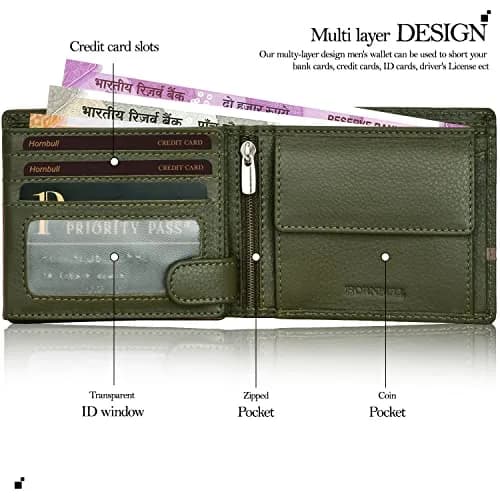 HORNBULL Denial Leather Wallet for Men | Olive | 114mm (4.49in) x 94mm (3.7in) x 13mm (0.51in) | RFID Blocking Bi-Fold Wallet thumbnail 3