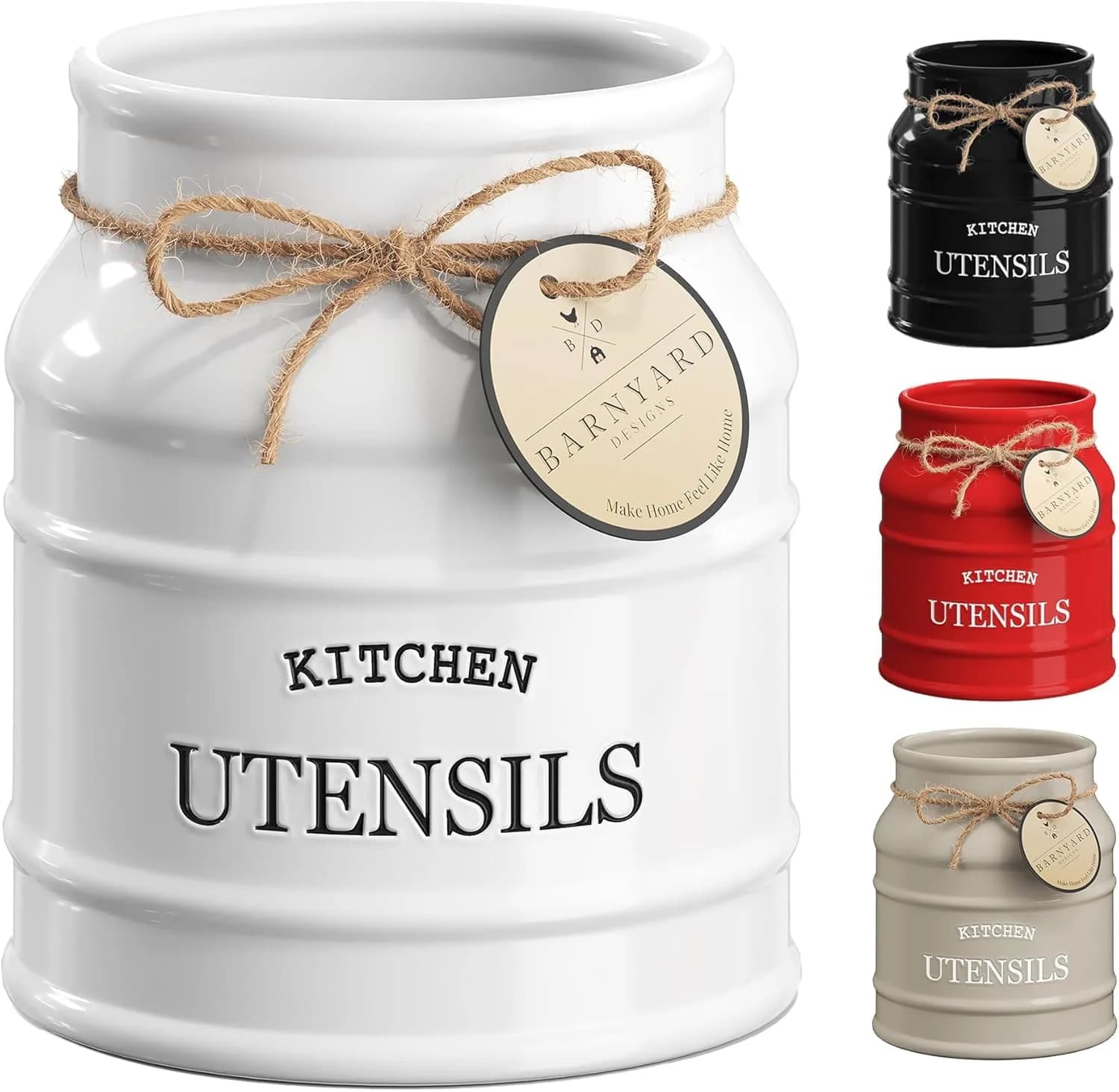 Barnyard Designs Ceramic Kitchen Utensil Holder Countertop 6.75" (White) | Rustic Farmhouse Decor — White