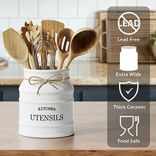 Barnyard Designs Ceramic Kitchen Utensil Holder Countertop 6.75" (White) | Rustic Farmhouse Decor thumbnail 4