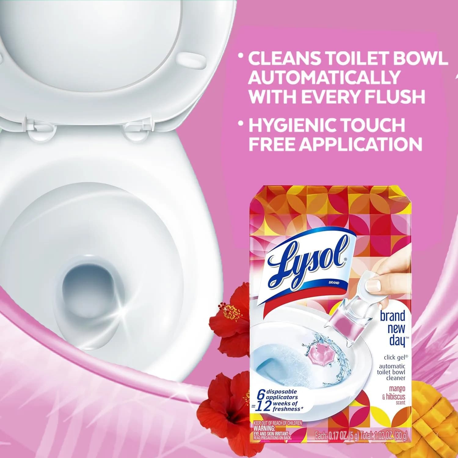 Lysol Click Gel Automatic Toilet Bowl Cleaner Stamp, Refreshing Mango & Hibiscus Scent, 6 Count (Pack of 1) | Cleans and Freshens with Every Flush - view 5