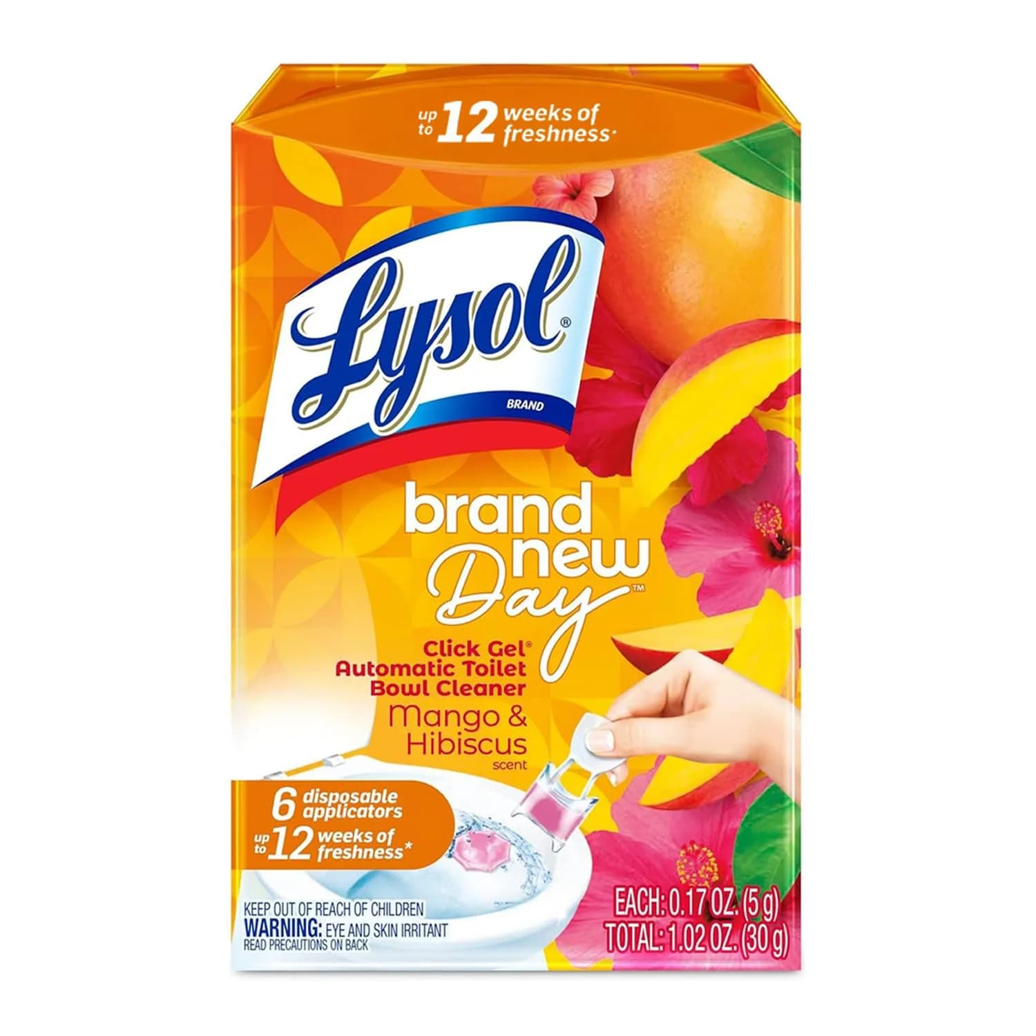 Lysol Click Gel Automatic Toilet Bowl Cleaner Stamp, Refreshing Mango & Hibiscus Scent, 6 Count (Pack of 1) | Cleans and Freshens with Every Flush - main product image