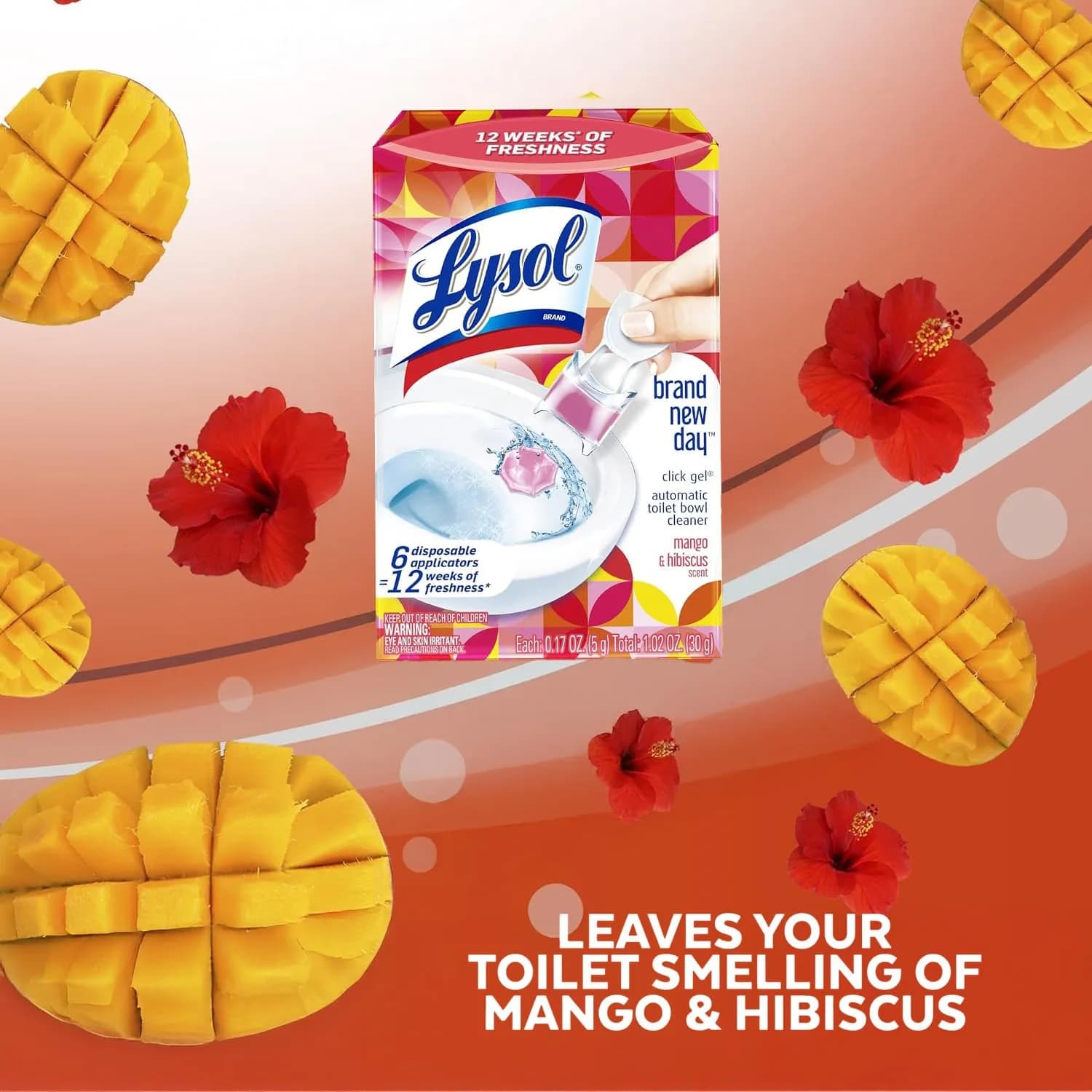 Lysol Click Gel Automatic Toilet Bowl Cleaner Stamp, Refreshing Mango & Hibiscus Scent, 6 Count (Pack of 1) | Cleans and Freshens with Every Flush - view 2