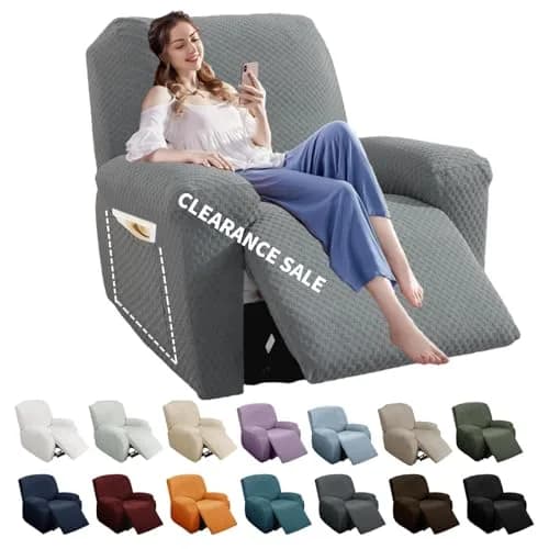 YEMYHOM 4-Piece Stretch Recliner Slipcover Set Light Gray | Modern Jacquard Furniture Protector with Side Pocket thumbnail 1