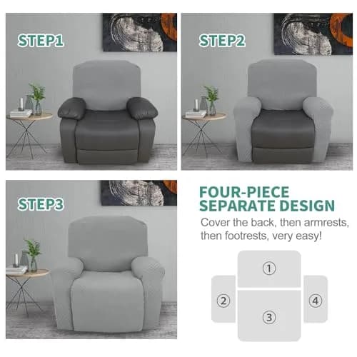 YEMYHOM 4-Piece Stretch Recliner Slipcover Set Light Gray | Modern Jacquard Furniture Protector with Side Pocket thumbnail 6