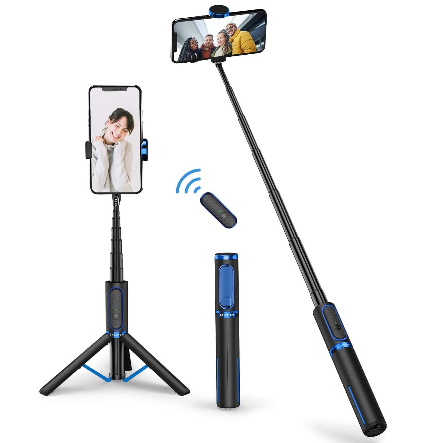 ATUMTEK Selfie Stick Tripod with Bluetooth Remote, 31.3" (79.5 cm) Extendable Aluminum Phone Holder for iPhone & Samsung — Blue