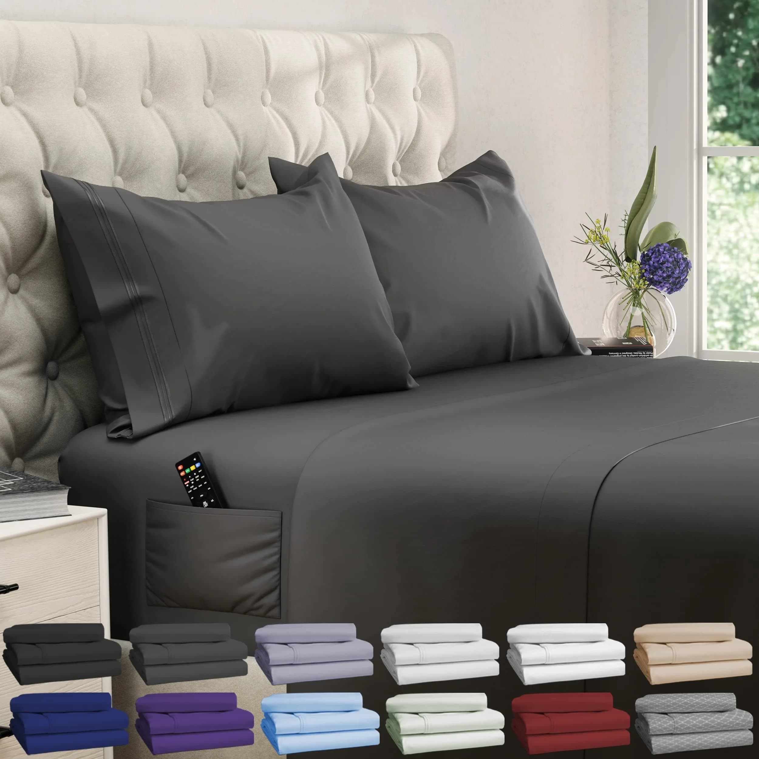 DREAMCARE Full Size Microfiber Sheet Set Gray | 1800 Thread Count Cooling Sheets with Side Pockets (Full, 4-Piece)