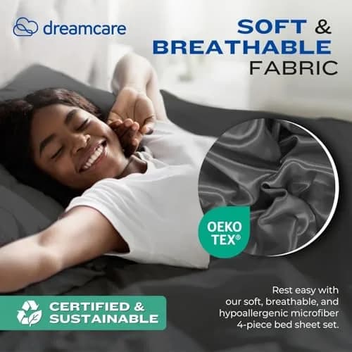 DREAMCARE Full Size Microfiber Sheet Set Gray | 1800 Thread Count Cooling Sheets with Side Pockets (Full, 4-Piece) thumbnail 6