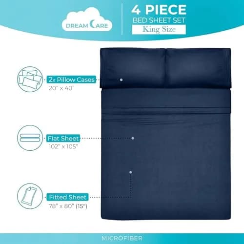 DREAMCARE Full Size Microfiber Sheet Set Navy Blue 203cm x 244cm (80" x 96") | Soft, Deep Pocket, 4-Piece Set thumbnail 4