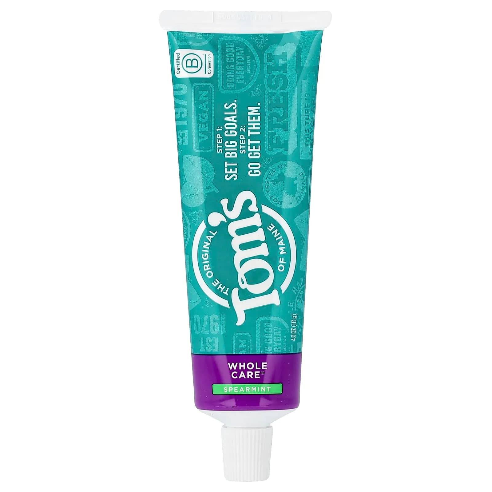 Tom's of Maine Whole Care Natural Toothpaste with Fluoride, Spearmint, 4 oz | 6 Benefits in 1 — No Color