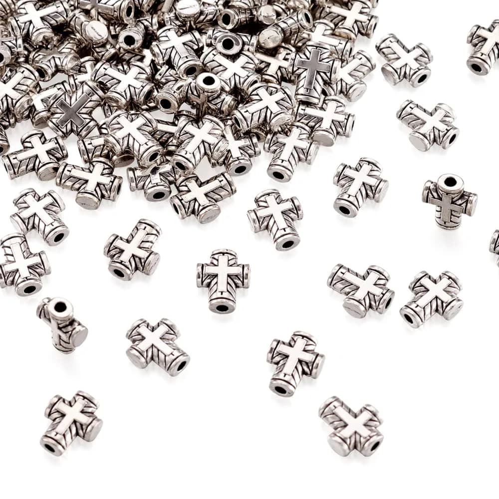 Craftdady Antique Silver Tiny Cross Spacer Beads 10x8mm 100pcs | Tibetan Metal Crucifix Charm Beads for Jewelry Making — Silver Cross, 100pcs